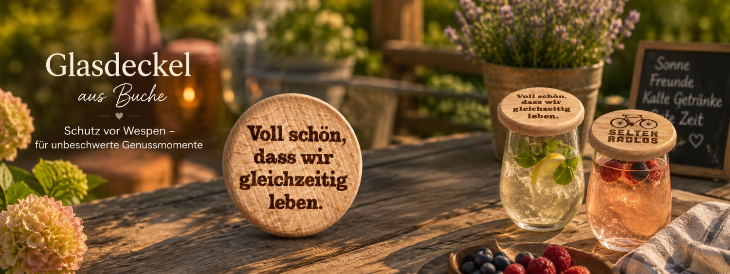 Gravierte Glasdeckel aus Buche für Bier und Wein