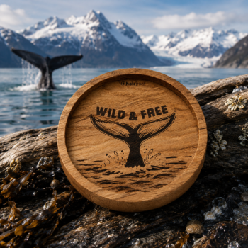 Preview: Gravierter Untersetzer Wild & Free mit Walflosse aus geölter Eiche