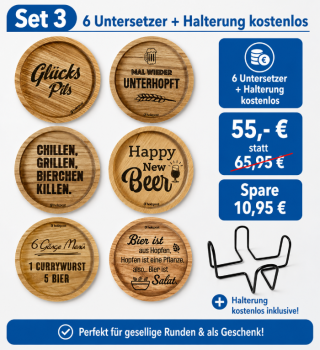 Preview: Engraved oak coaster beer set for beer lovers