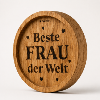 Best Woman in the World oak coaster with engraved lettering and hearts