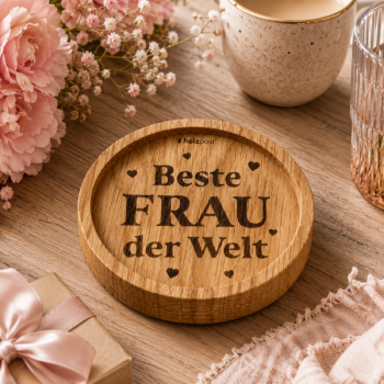 Preview: Best Woman in the World oak coaster with engraved lettering and hearts