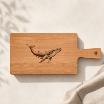 eech wood serving board with detailed whale motif, FB111