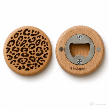 Preview: Gravierter Flaschenöffner Leopard aus Buche mit eingelassenen Magneten