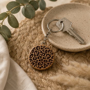 Preview: Engraved oak keychain Leopard with animal print pattern