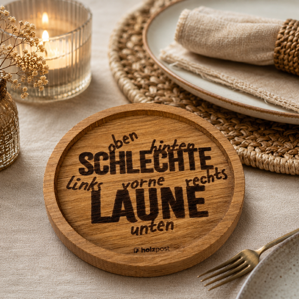 Gravierter Untersetzer Schlechte Laune aus geölter Eiche