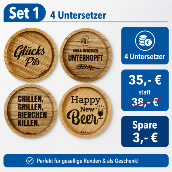 Graviertes Untersetzer Bier-Set aus geölter Eiche