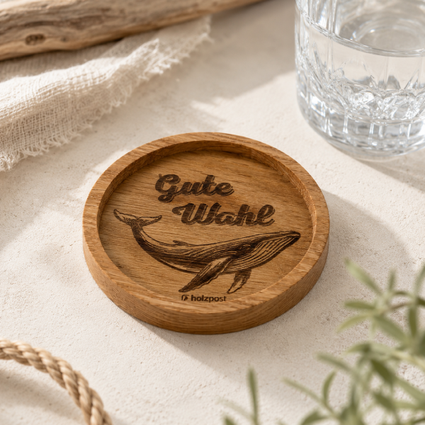 Engraved oak coaster Gute Wahl with whale motif