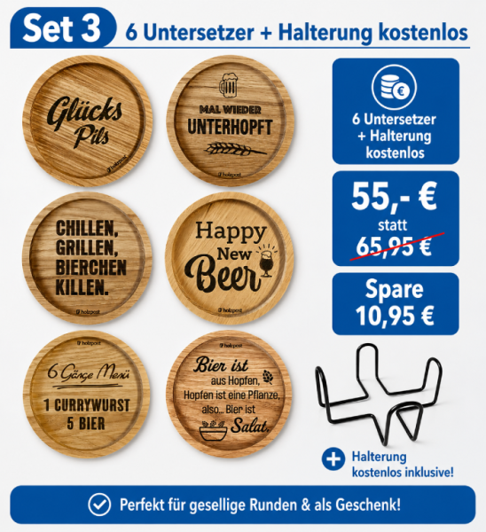 Graviertes Untersetzer Bier-Set aus geölter Eiche