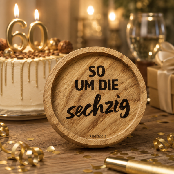 Gravierter Untersetzer so um die sechzig aus geölter Eiche