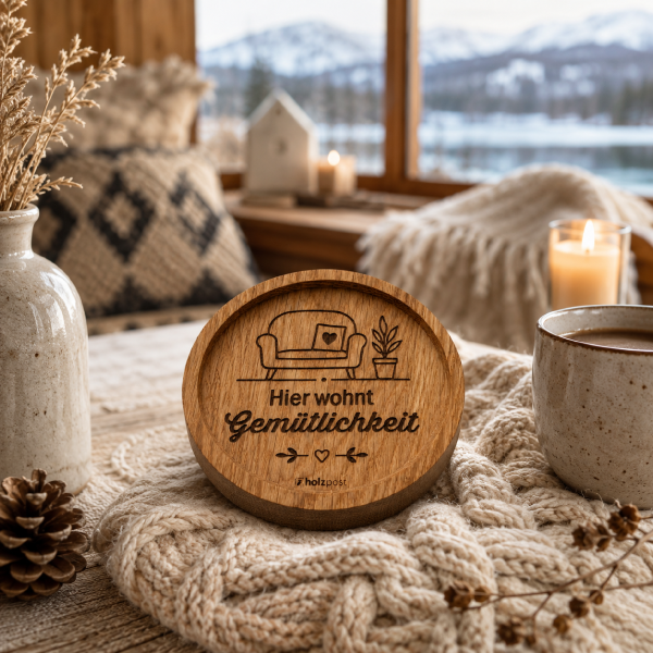Engraved oak coaster Hier wohnt Gemütlichkeit