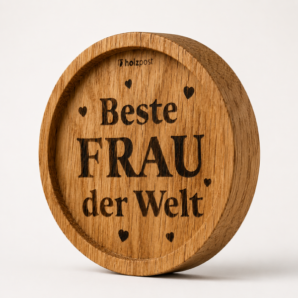 Untersetzer Beste Frau der Welt aus Eiche mit gravierter Schrift und Herzen