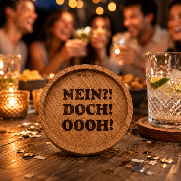 Engraved oak coaster Nein doch oooh with funny German wording