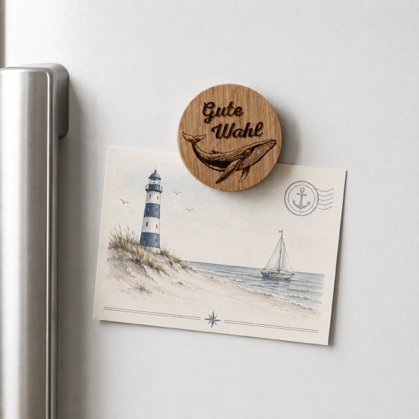 Round engraved oak magnet with Gute Wahl wording and whale motif, ME388
