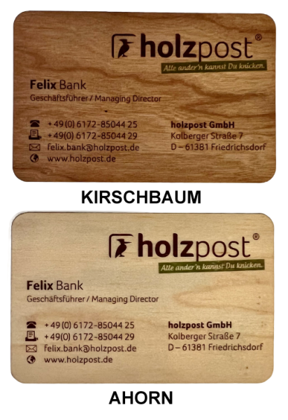 Visitenkarten aus Holz in verschiedenen Holzarten von holzpost